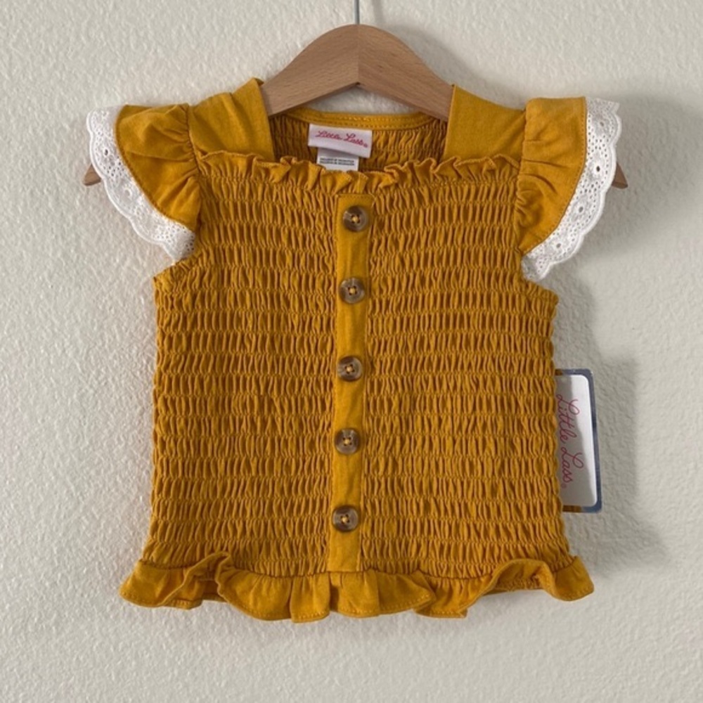 LITTLE LASS NWT Girl’s Mustard Ruffle Sleeve Shirred Top Size 2T